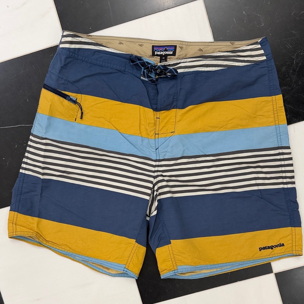 Patagonia Men's Swim Board Shorts - Navy, Yellow, and Light Blue Stripes